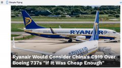 瑞安航空CEO：若价格合适，航司将考虑购买C919