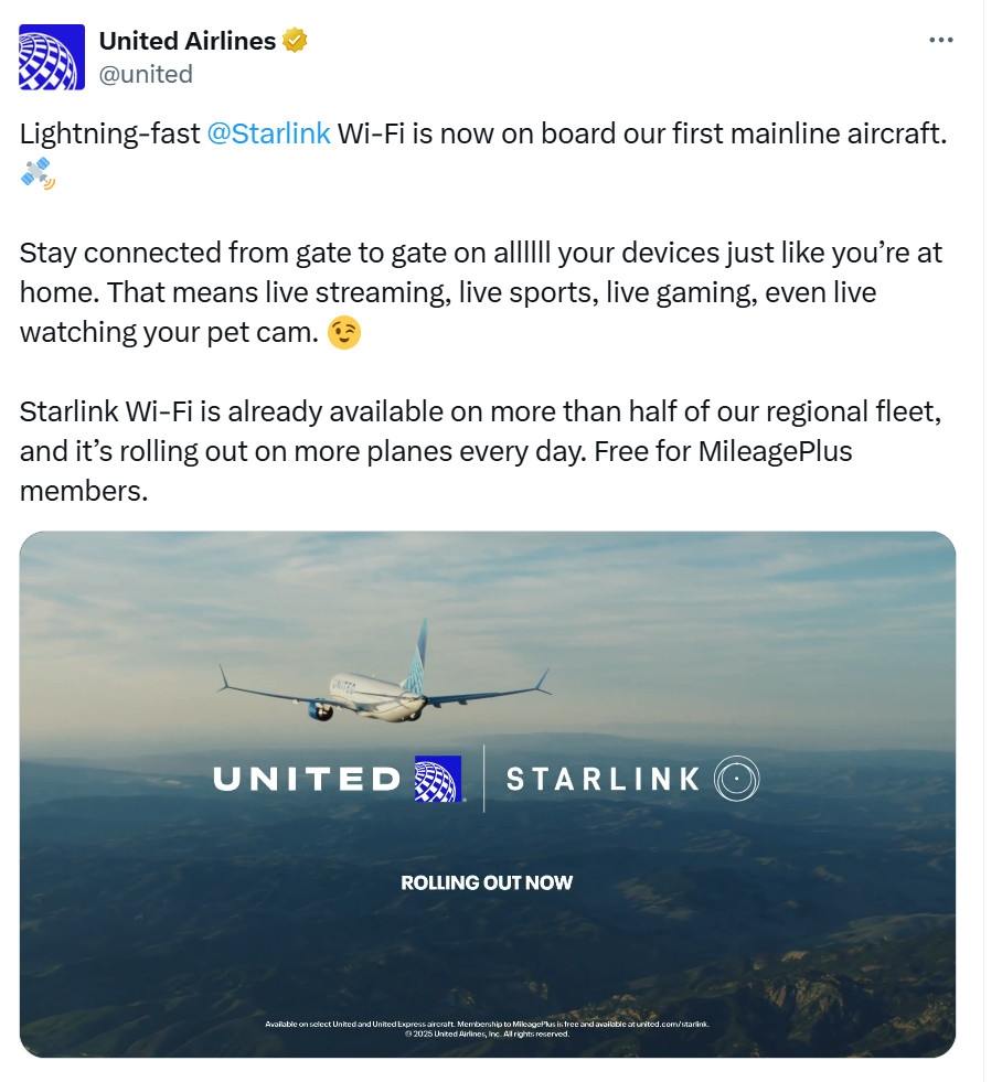美联航在X发帖,宣布干线航班上线星链Wi-Fi 美联航在X发帖,宣布干线航班上线星链Wi-Fi