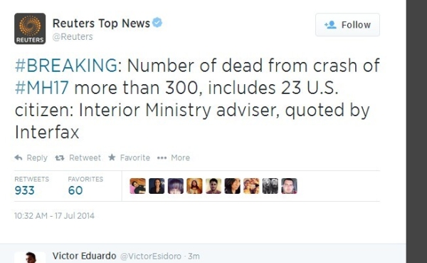 路透社:坠毁的MH17航班死亡人数超300人